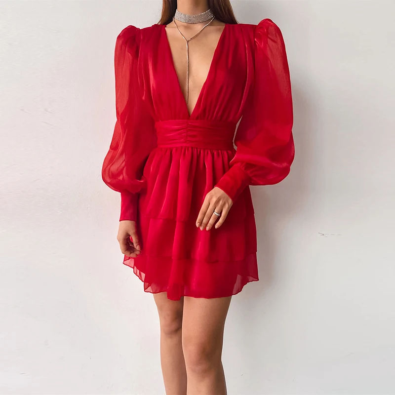 

Elegant See-through Long Sleeve Mini Dress Office Sexy V-neck Ruffles Mesh Cake Dress 2023 Fashion Hight Waist Solid Party Dress