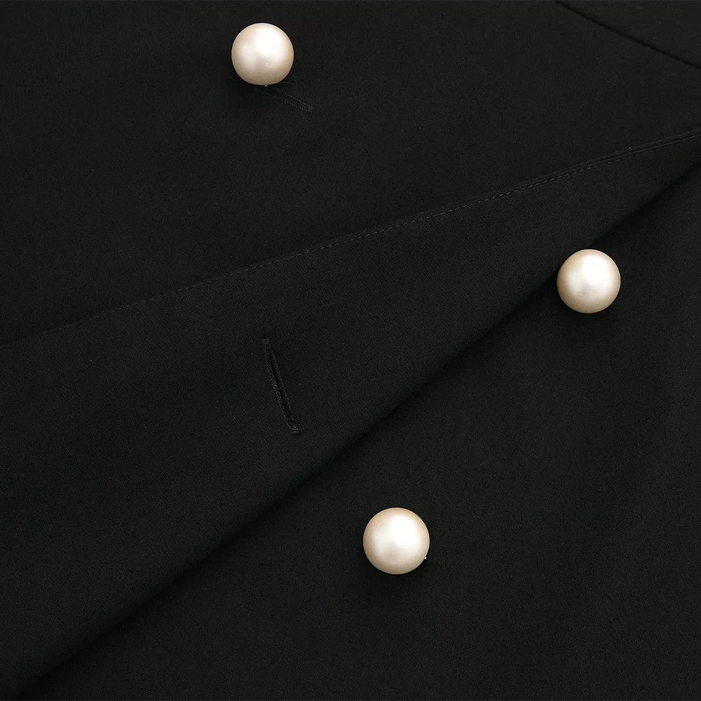 Autumn and winter new fashion ladies temperament all-match pearl bead buckle black high waist mini skirt