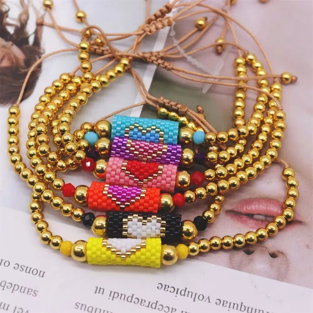 

Handmade Woven Jewelry Hard Cute Heart Bracelets Ladies For Women Men Bohemian Rvs Plated Bead New Birthday Couple Gifts