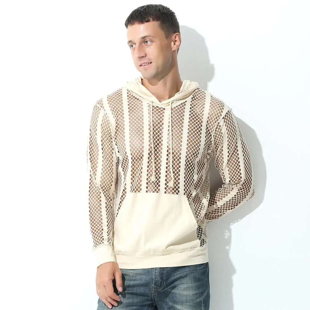 Мужская одежда сексуальные полые сетчатые топы толстовки с капюшоном прозрачная