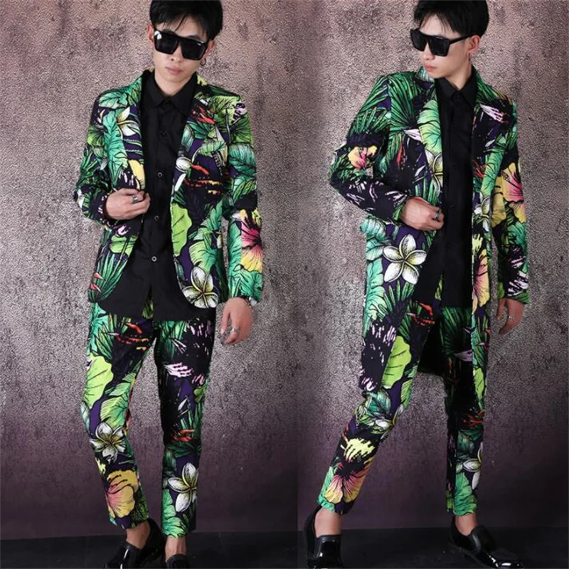 Printed blazers men's suit jacket trendy green plant clothes nightclub hair stylist coats singer stage dance