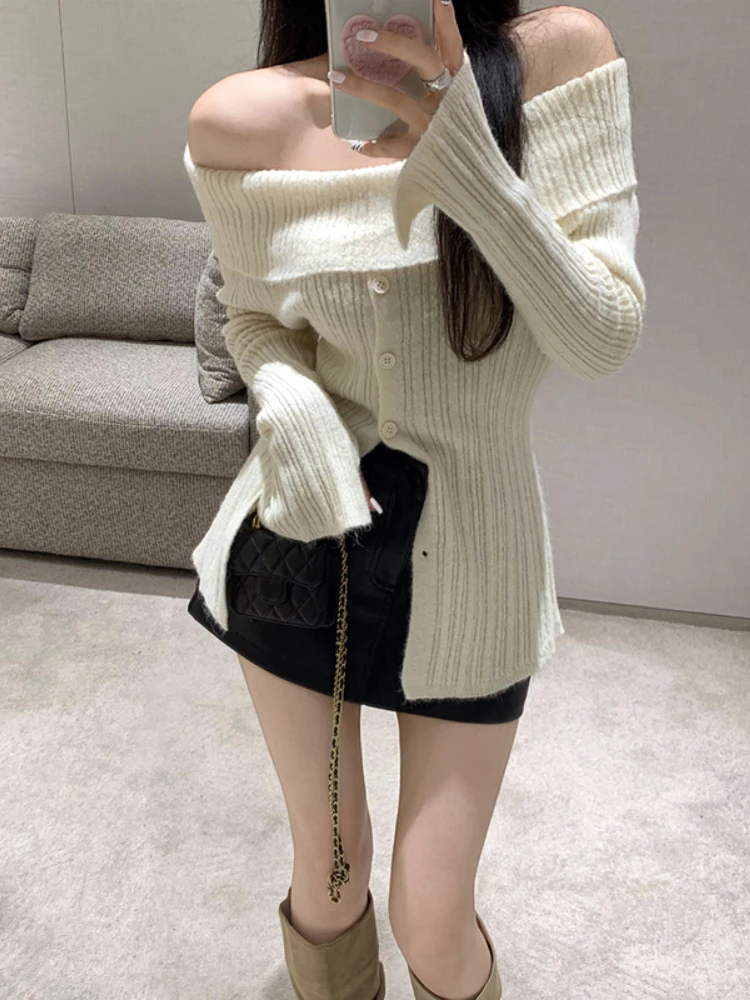 

Winter White Knitted Sweater Women Off Shoulder Elegant Sweet Pullover Sweater Female High Street Korean Fashion Warm Tops 2022