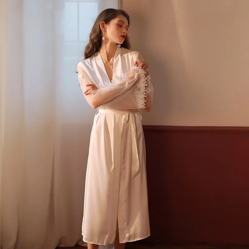 Lace Embroidery Robe Wedding Dressing Gown Temptation Mesh Sleepwear Bride Bridesmaid Kimono Bathrobe Silky Satin Sexy Lingerie