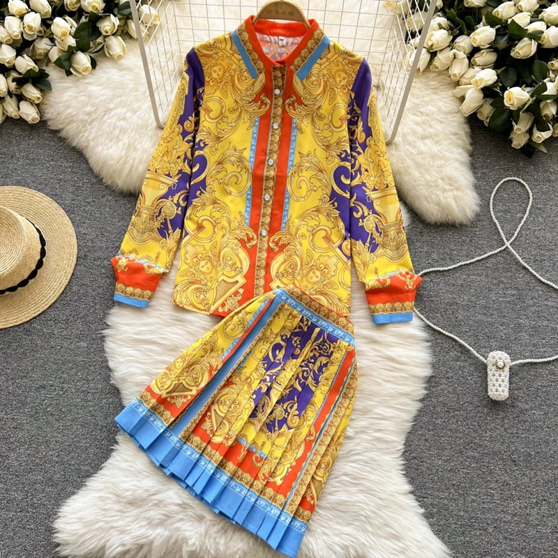 

Luxury Ladies Chiffon Long Sleeve Floral 2 Piece Suit Women Spring Summer Fashion Print Shirt+High Waist Mini Pleated Skirt Suit