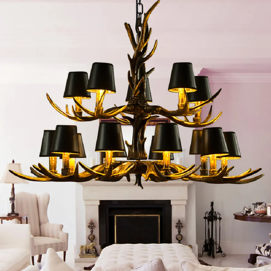 

Antler Resin Chandelier with Lampshade Retro Style Light for Living Dining Room Sweep Gold Spray Paint Indoor Home Decor Lamp