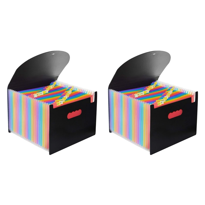 

2X 24 Pocket Extended File Folder With Lid, Qefuna A4 Letter Size Expandable File Storage Box With Lid