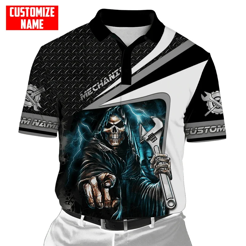 

Летняя мужская рубашка-поло с персонализированным именем механика черепа 3D рубашка-поло с принтом Harajuku Уличная Повседневная рубашка-поло с коротким рукавом