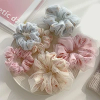 sweet embroidery flowers mesh scrunchies women romantic pink blue hair rope transparent tulle organza hair ties hair accessories
