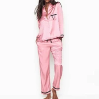 winter pajamas for women long sleeve v sleepwear 2 piece set loungewear pink satin silk pjamas ladies fashion home clothes