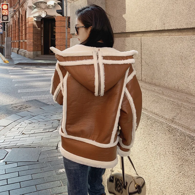 KoHuiJoo Shearling Oversize Female Motorcycle Lambs Wool Fur Coat Winter Suede Jacket Women Thick Warm Fashion Hooded Outerwear