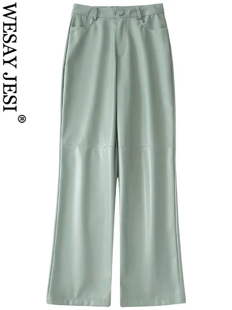 

WESAY JESI Trend Leather Versatile Minimalist Ladies Straight Wide Leg Pants Solid Color High Fashion Slim Women's Suit Trousers
