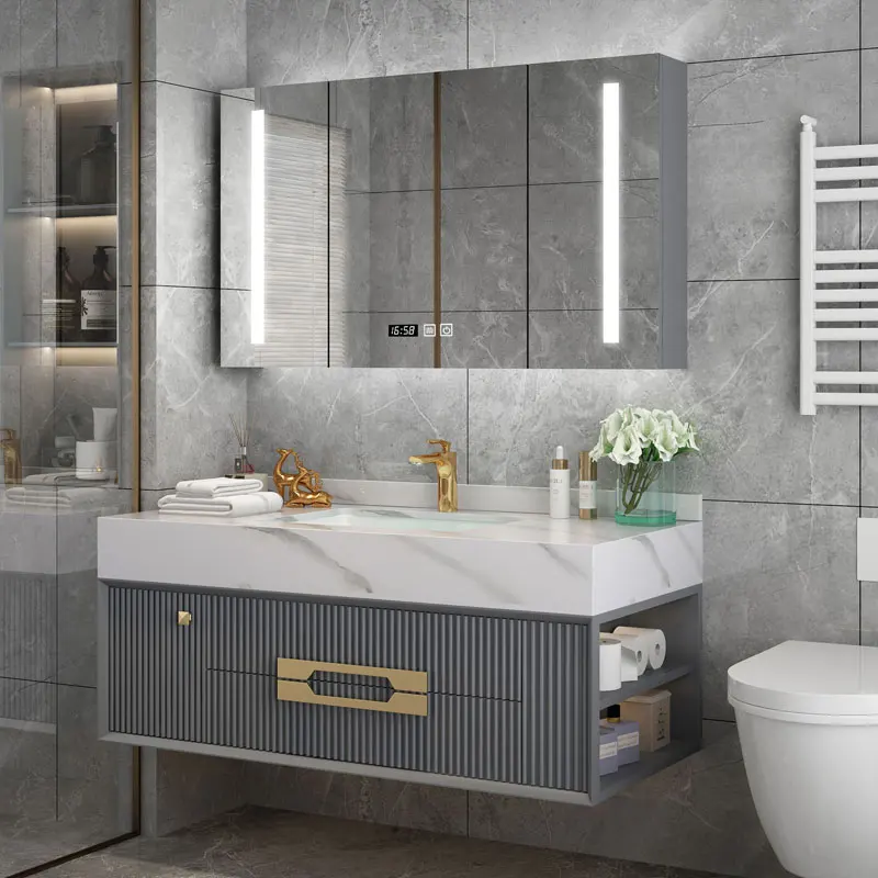 

Intelligent rock plate integrated basin solid wood bathroom cabinet combination side open lattice wash basin cabinet