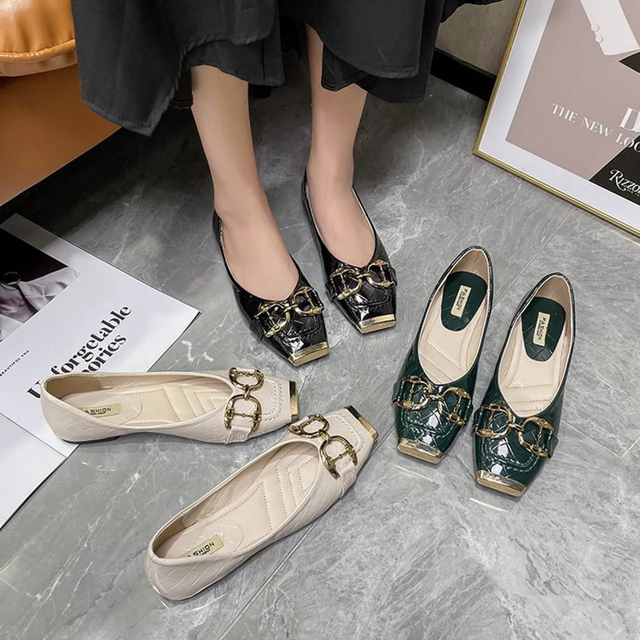 

Women's flat shoes casual shoes 2022 autumn all-match British style square toe shoes loafers black beige green Zapatillas Mujer
