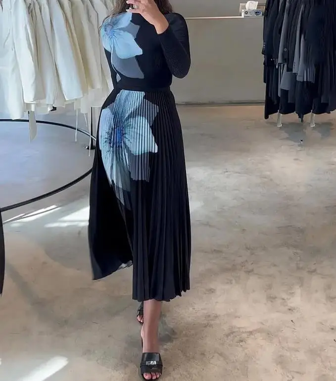 

Long Skirt Printing Temperament Commuting Elegant Style Skirt Set for Women Regular Sleeve Long Sleeves