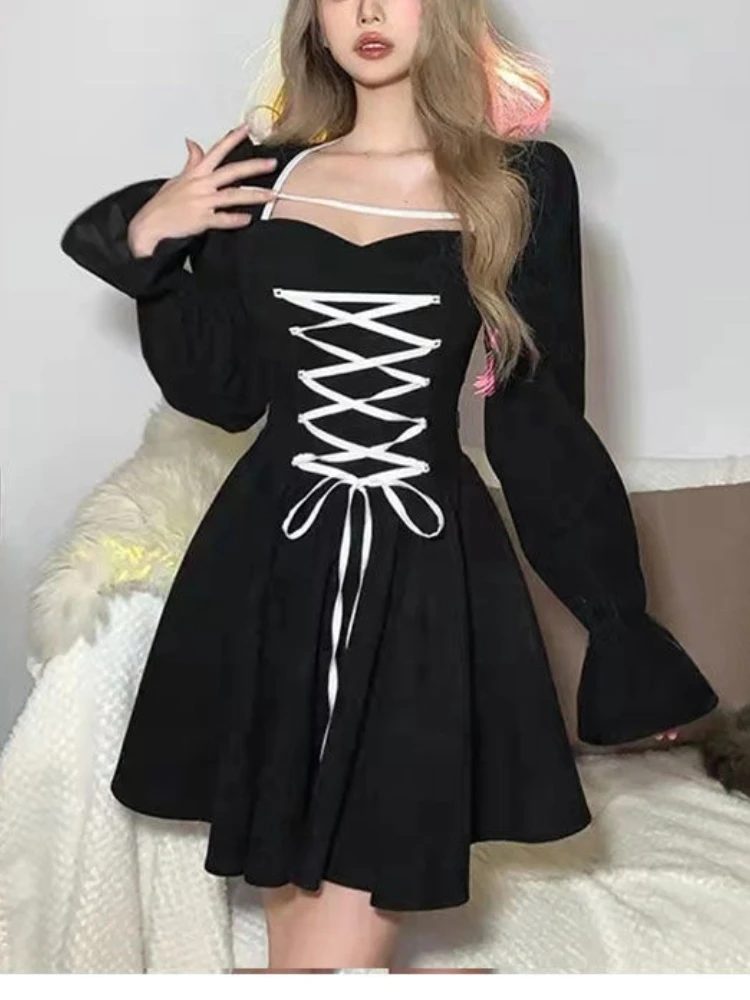

French Vintage Black Mini Dress Woman 2022 Summer Gothic Slim One Piece Dress Korean Style Casual Short Party Dress Long Sleeve