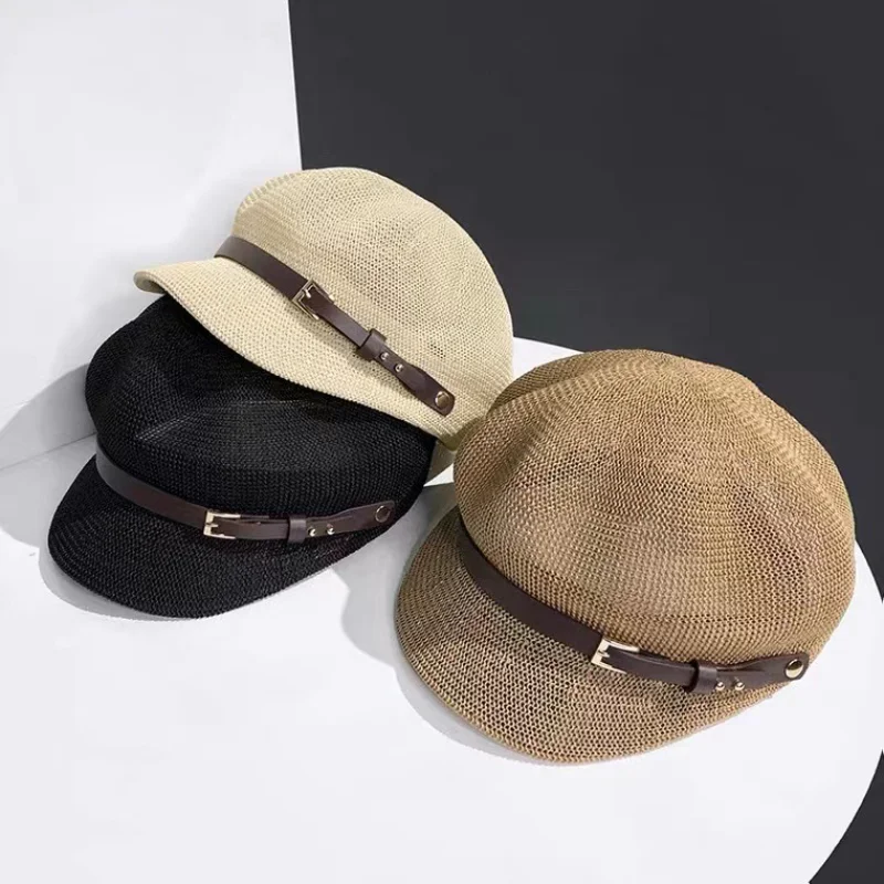 

Fashion Octagonal Cap Straw Women Summer Thin Newsboy Cap Painter Adjustable Rope Knitted Beret Mesh Breathable Beach Straw Hat