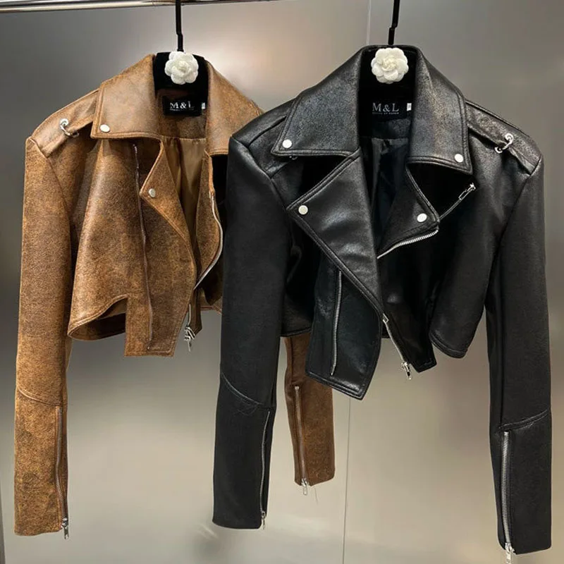 1pcs Women's PU Leather Short Jackets Coat 2022 Autumn Faux Fur Zipper Splicing Irregular Ladies Skinny Locomotive Small Coats