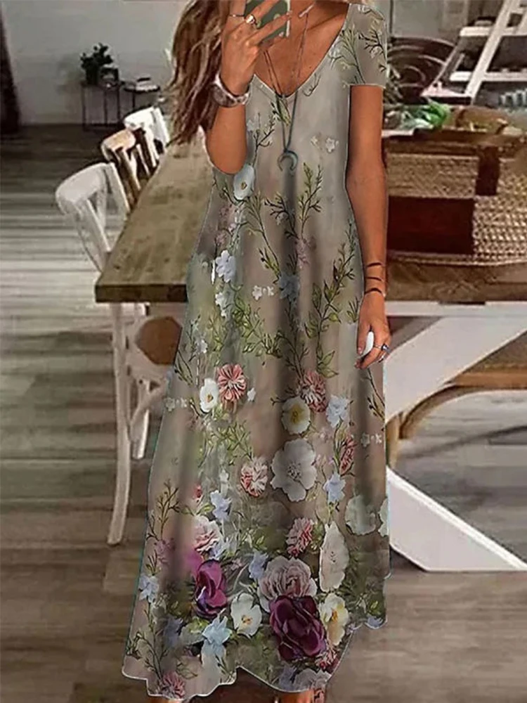 

Женское винтажное платье-трапеция с цветочным принтом, повседневное свободное офисное платье с коротким рукавом и V-образным вырезом, Новин...