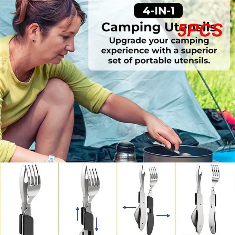 

5PCS Outdoor Camping Multifunctional Foldable Pocket Stainless Steel Outdoor Camping Picnic Cutlery Knife Fork Spoon Tableware