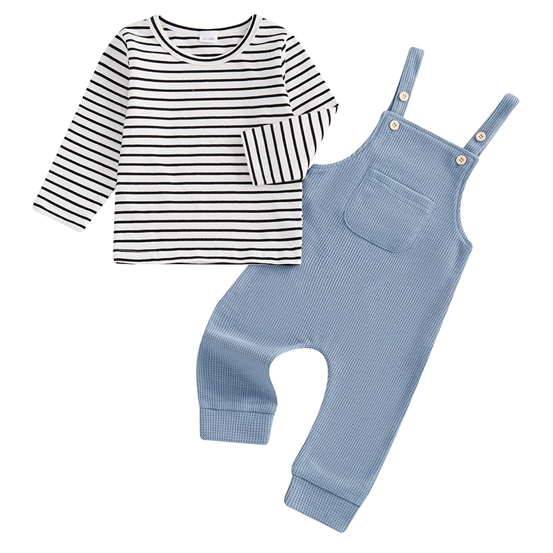 Kids Boys 2-piece Outfit Long Sleeve Striped T-shirt with Suspender Pants Fall