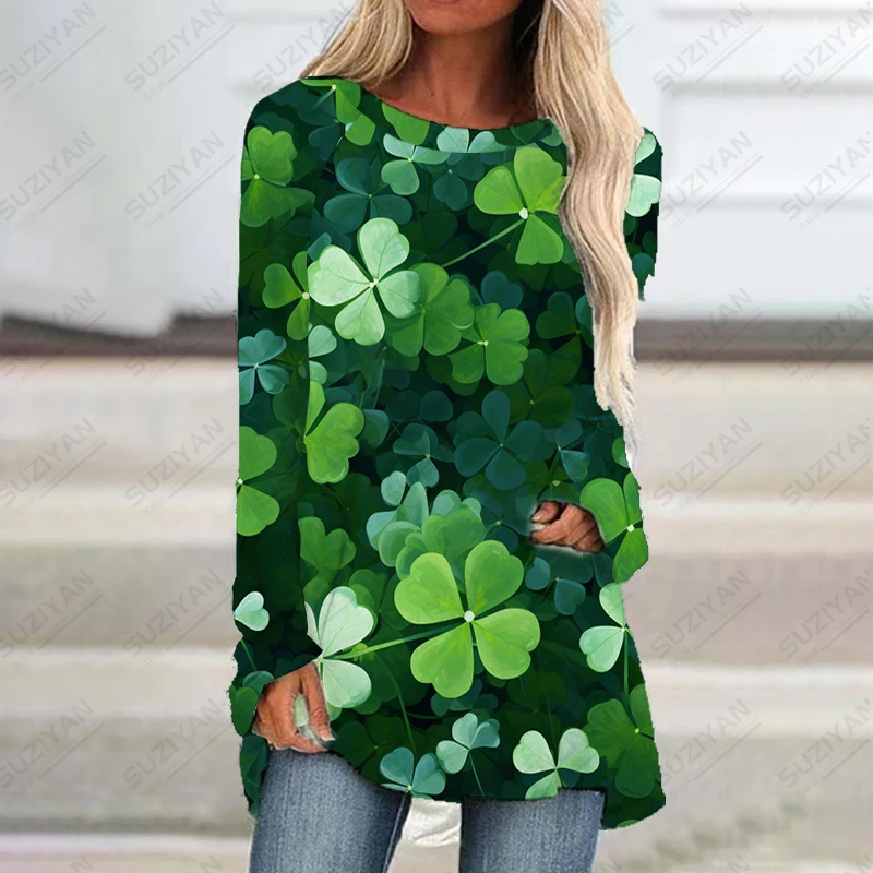 

Women's Fashion Four Leaves Clover 3D Painting Dress Daily Loose Relaxed Long Sleeve Dress St Patrick's Day Round Neck Dress