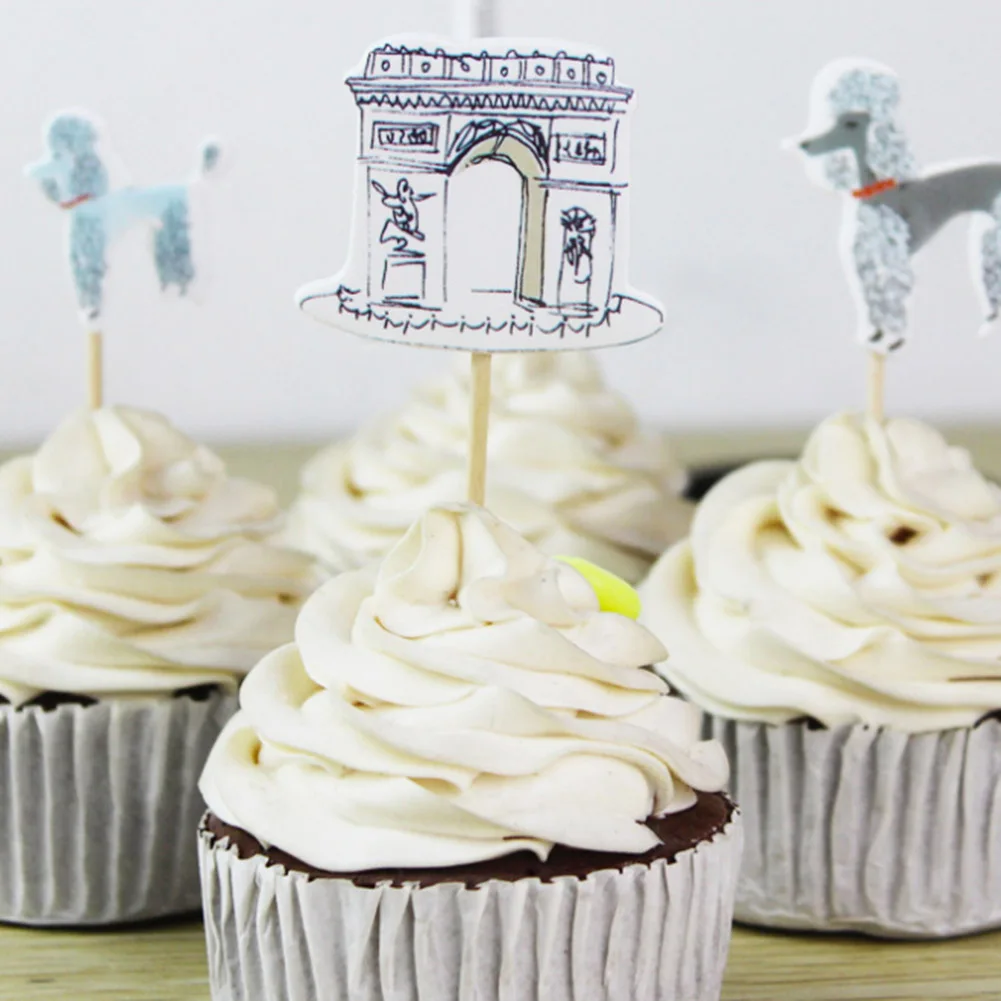 

24pcs/set Eiffel Tower Dog Cupcake Wrappers Cake Topper for Summer Wedding Birthday Party Cake Decorating Supplies