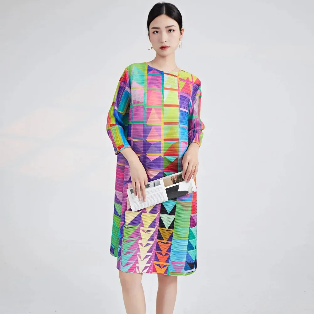 

Женское плиссированное платье миаке, летнее свободное разноцветное платье средней длины, яркое приталенное платье