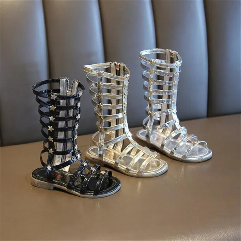 

Little Girls Gladiator Sandals High Rivet Roman Shoes for Childrens Sandals Leather Summer Gold silver Black Toddler Baby Shoes