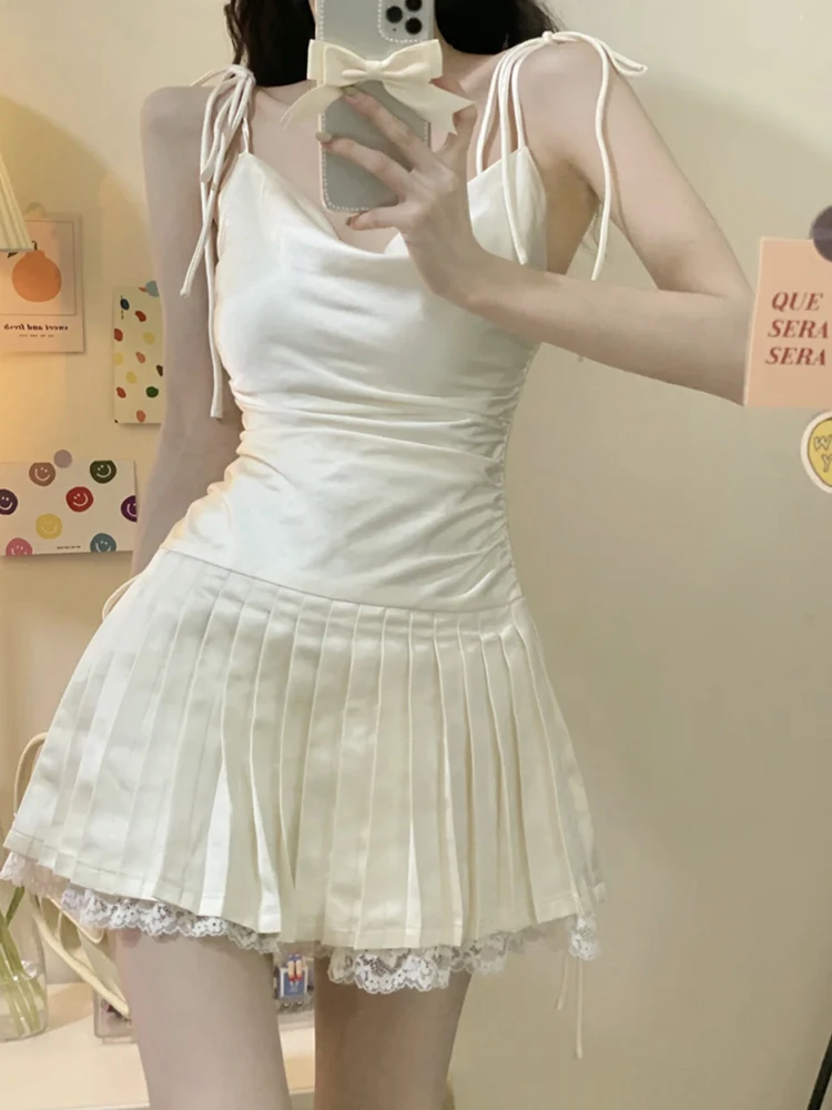 

Pleated Mini Dresses for Women Summer Shirring Spaghetti Strapdress Sweet Girl Chic Fashion Dress with Lace Shorts 2 Piece Set