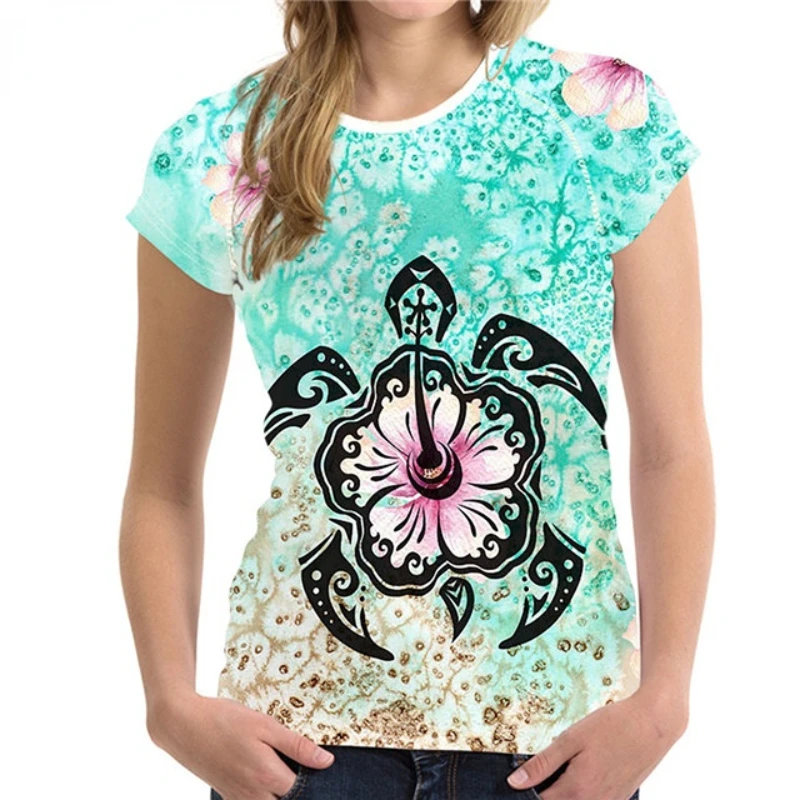 

Tribal Turtle Polynesian Hawaiian Print Ladies T Shirt Fashion O Neck Short Sleeve Top Casual Women