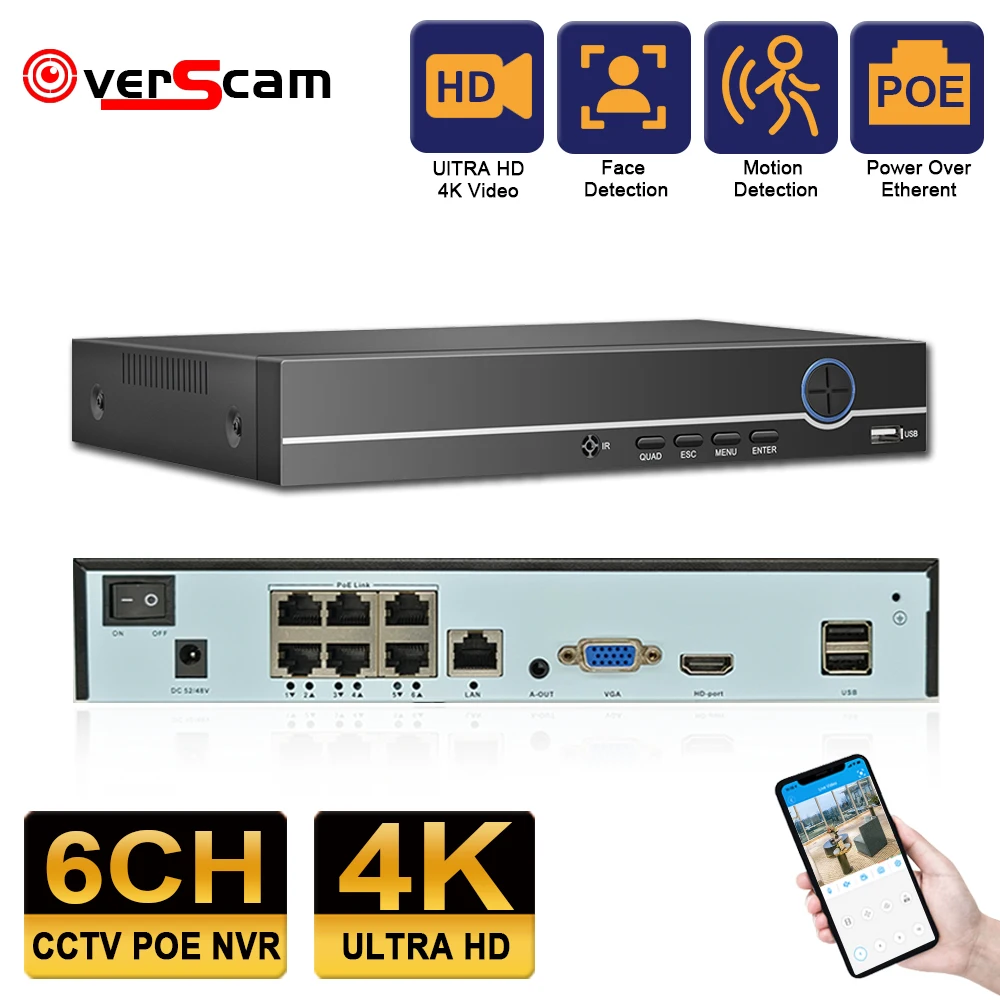 

4CH 6CH 4K Face Detection PoE NVR For 8MP 5MP 2MP POE IP Camera System Surveillance H.265 CCTV Network Video Recorder XMeye