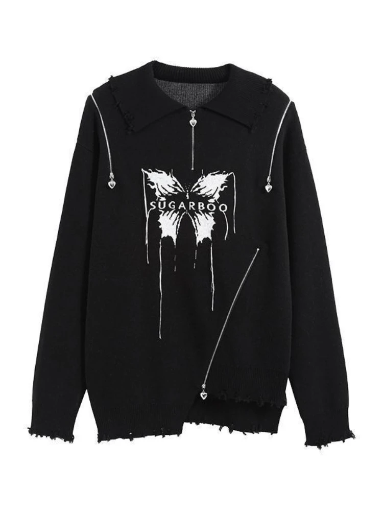 

HOUZHOU Gothic Harajuku Sweater Autumn Winter Oversized Pullover Knitted Zipper Streetwear Y2k Top Hollow Out Butterfly Print