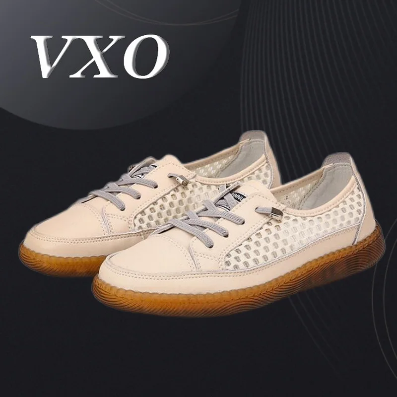 

VXO Women's Flat Shoes Mesh Leather Shoes Women's Slip-On Beef Tendon Sole Hollowed-Out Breathable Casual Shoes
