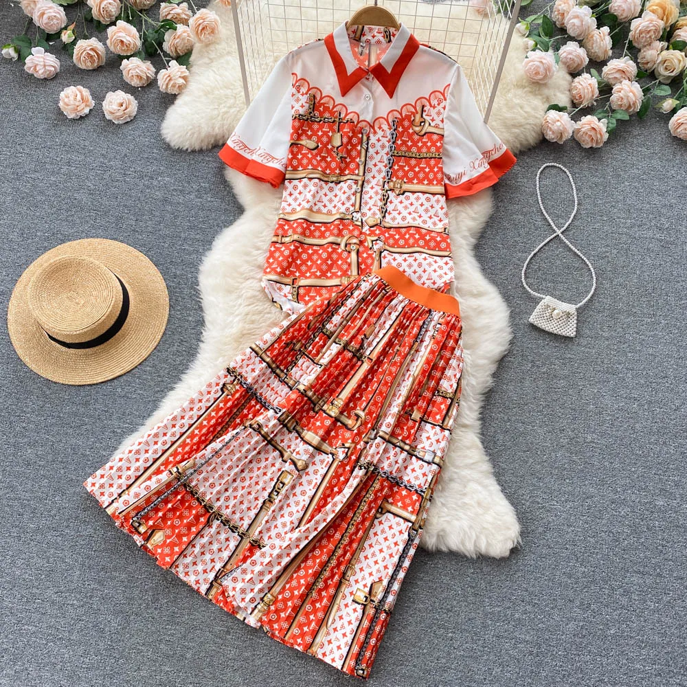 

VANOVICH European and American Fashion Print Women's Loose Short-sleeved Shirt Oversized Pleated A-LINE Skirt Two-piece Set