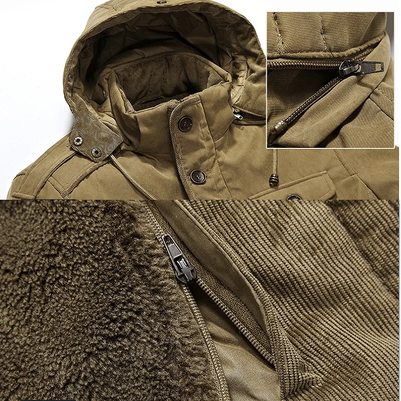 Mens Casual Jacket Fashion Winter Parkas Male Mid-length Cotton Coat Removable Inner Liner Plus Velvet Thickened Cotton Clothing