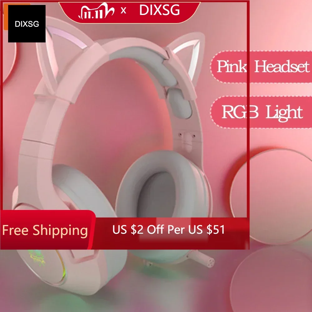 

DIXSG RGB Cuffie Stereo Rosa Rimovibile Cat Ear USB Cablato Con Riduzione Rumore Del Microfono Cute Girl PINK