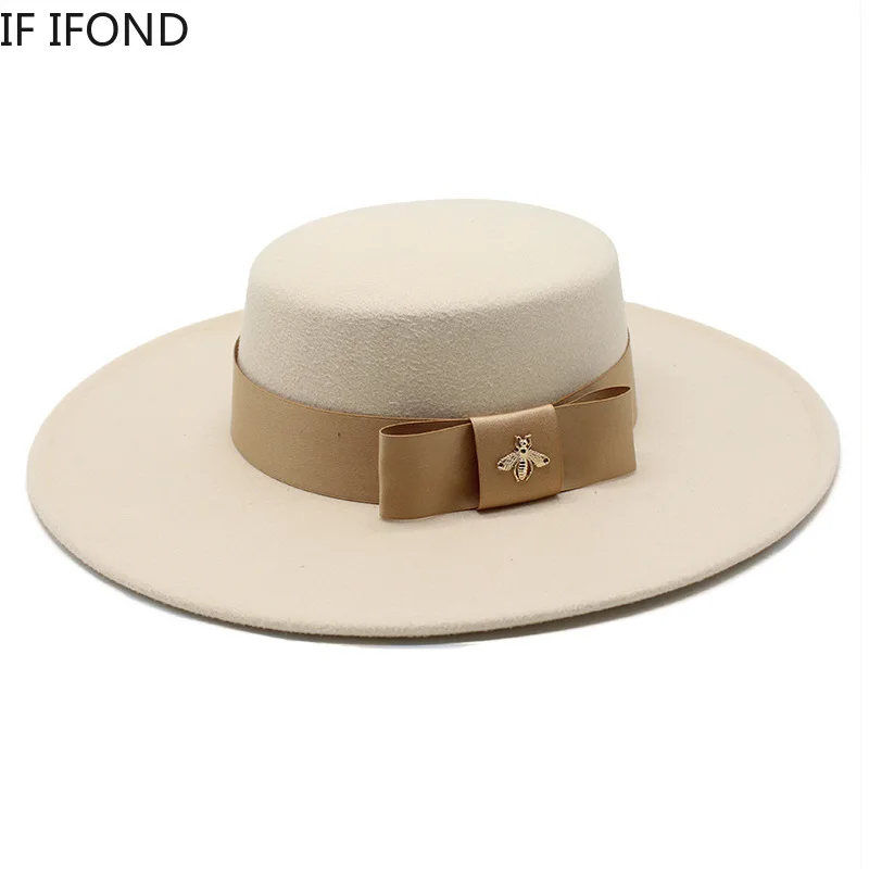 2022 Autumn Winter French Ladies White Bownot Flat Top Fedora Hat 10CM Brim Banquet Elegant Felt Hat Wedding Dress Cap