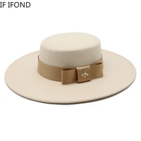 2022 autumn winter french ladies white bownot flat top fedora hat 10cm brim banquet elegant felt hat wedding dress cap