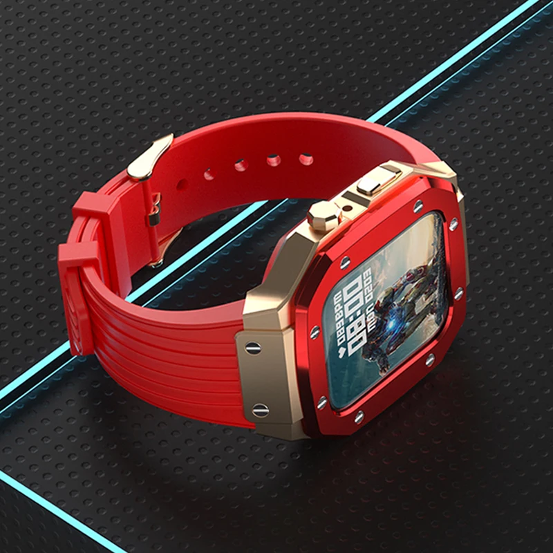 Luxury Modification Case Band for Apple Watch Series 8 7 6 5 4 44mm 45mm Men Rugged Case Silicone Sport Band for iWatch 6/5/4 SE