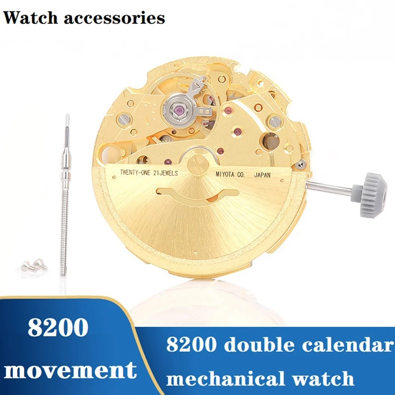 

1Set 8200 Movement With Calendar Plate+Week Plate+Handle Replacement 8200 Double Calendar Automatic Mechanical Gold