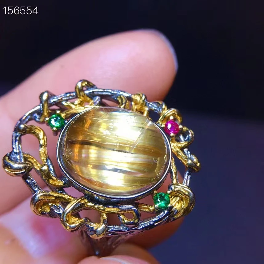 

Natural Gold Rutilated Quartz Round Adjustable Ring 925 Silver Women 13.1/11.1mm Yellow Rutilated Beads AAAAAA