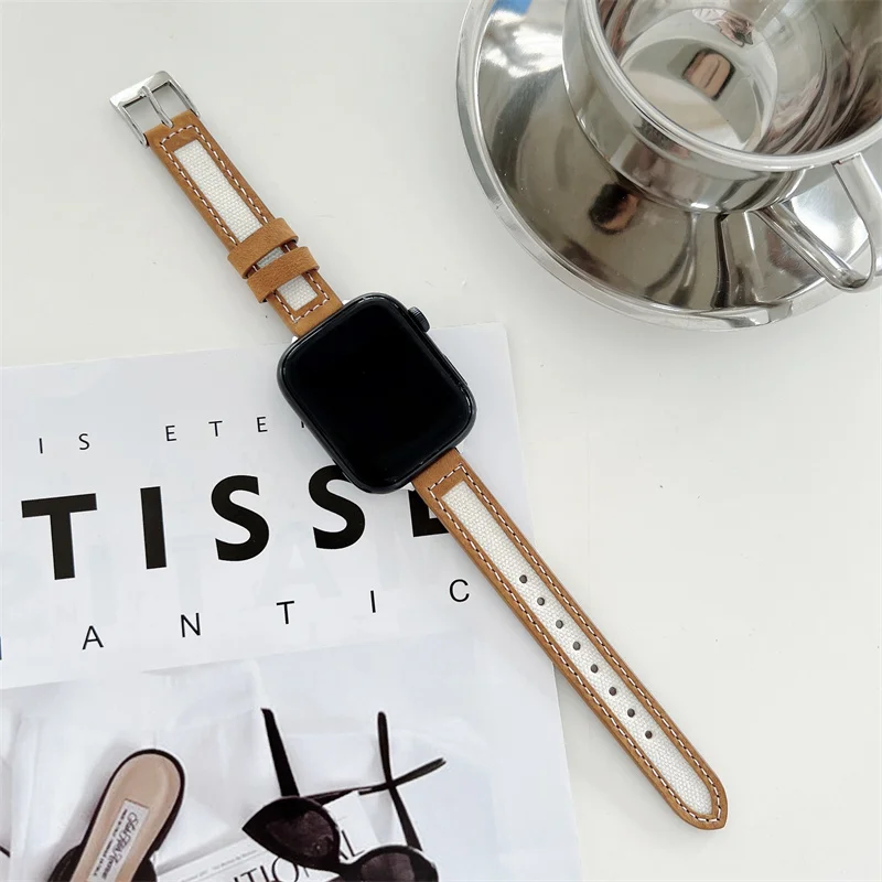 Великолепный мягкий кожаный + холщовый ремешок SE7 6 5 4 для Apple Watch тонкий браслет 38