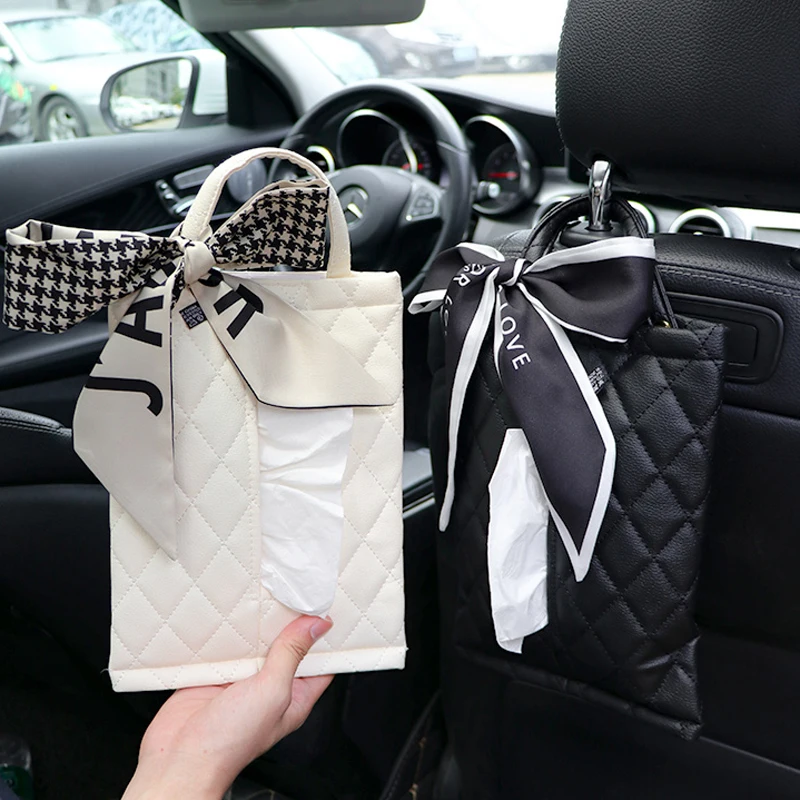 

Fashion Silk Ribbon Bowknot Car Back Seat Headrest Tissue Holder Auto Hanging Paper Towel Bag Cover Styling Car Accessories