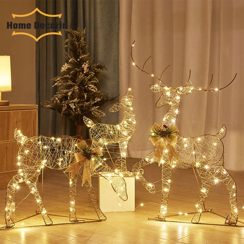 

3pcs Set Christmas Wrought Iron Deer No Lamp Glowing Flashing Elk Statue Glitter Sequins Reindeer Xmas Ornament Home Decor