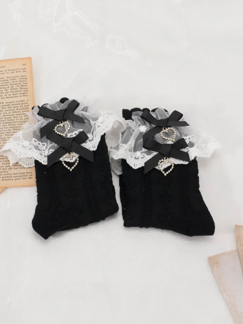 Japanese Style Maiden Lace Heart-Shaped Bow Leg-Shaping Girl Socks Mass-Produced Lolita Mid-Calf Socks Sweet and Cute Stocking