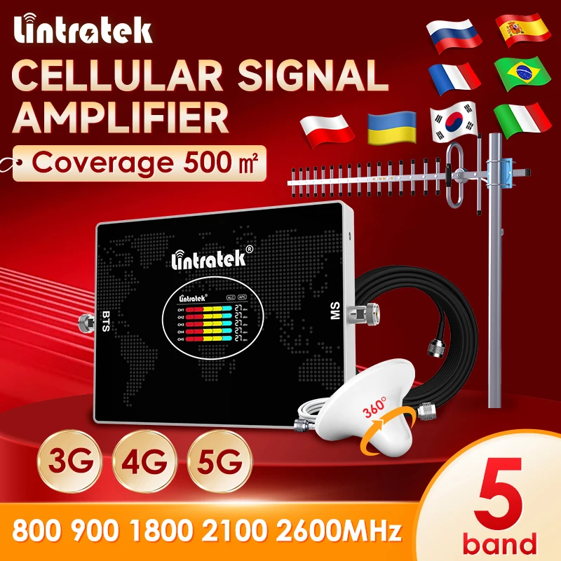 Lintratek 20Dbi Антенна Yagi Усилитель сотового сигнала 5-диапазонный усилитель