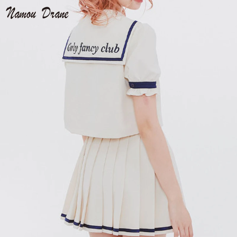 

Namou Drane Women's Suit Summer 2022 New Short Sleeve Cute Navy Collar Jacket + High Waist Mini Pleated Skirt Two-piece Set