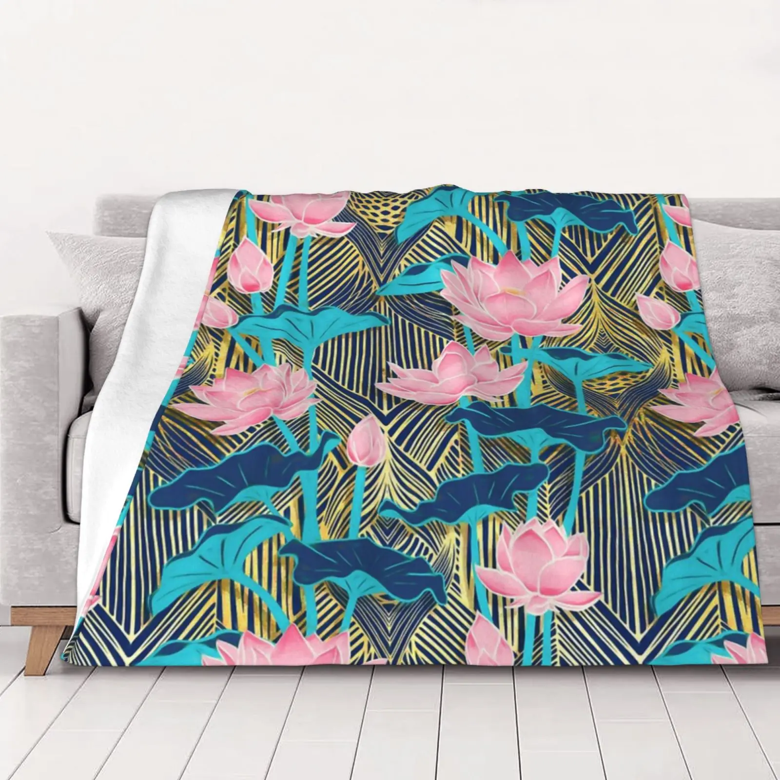 

Art Deco Lotus Flowers In Pink Navy Bed Blanket Weighted Blanket Anime Blanket Vintage Thin