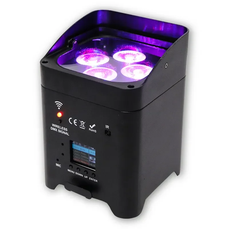 Фото Светодиодный беспроводной светильник на батарейках 4x18W RGBWA+UV 6in1, световой прибор для дискотек, вечеринок, клубов, баров, с дистанционным управлением через приложение, DMX-эффекты, световое шоу. №3
