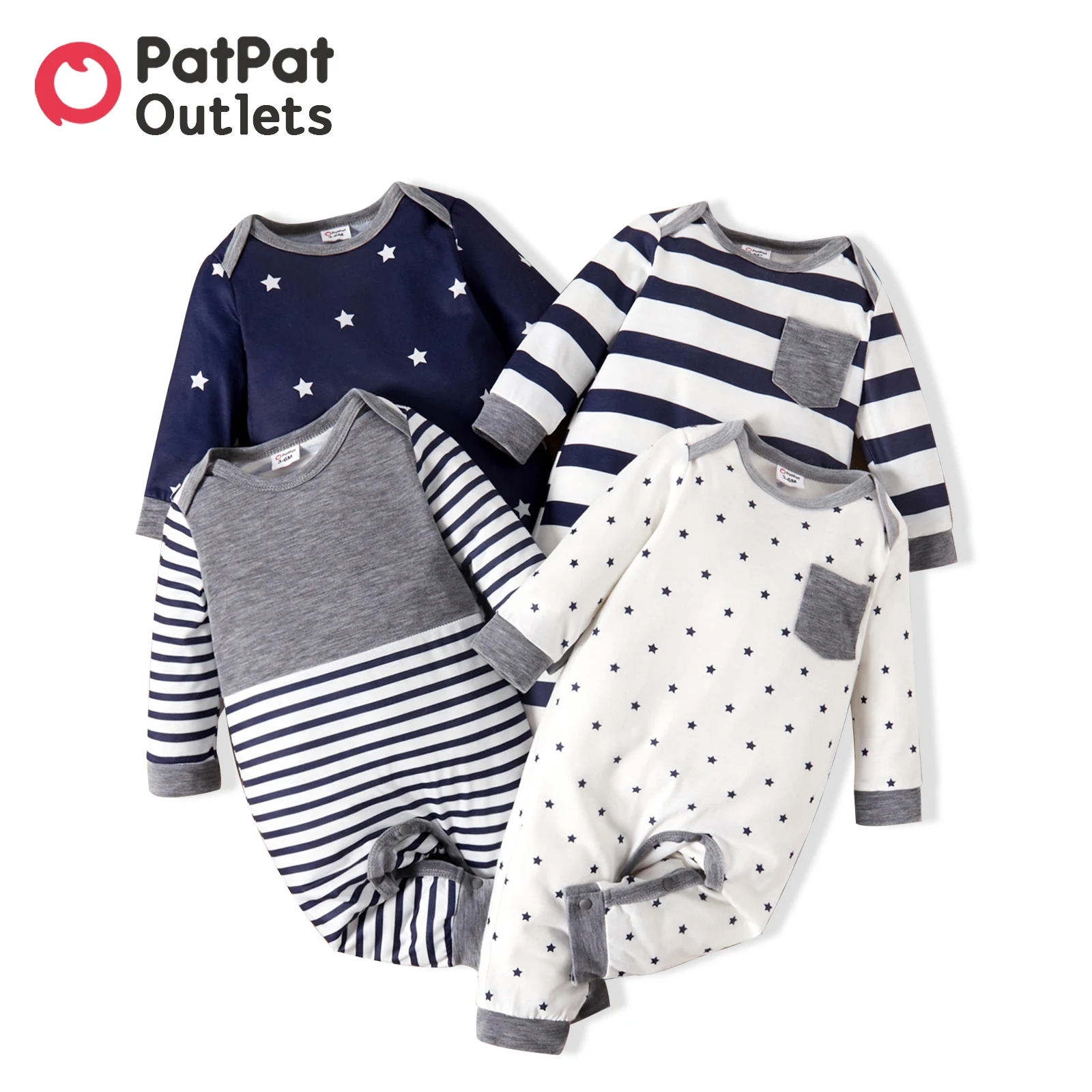 PatPat-ropa de verano para bebé recién nacido, mono informal a la moda, mono de manga larga con estampado de rayas/estrellas